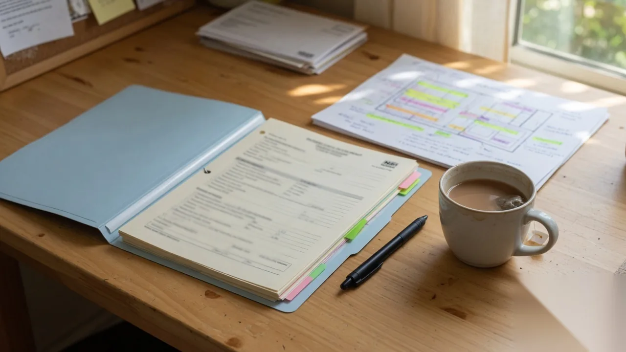 Folder and tea on a desk, representing NDIS plan paperwork