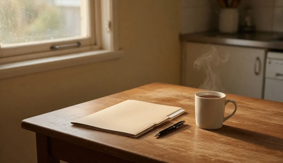 A closed folder, a pen and a cup of tea on a timber kitchen table in morning light