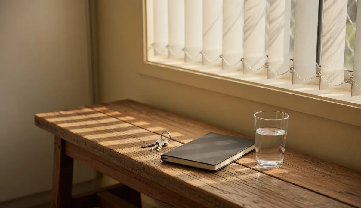 House keys, a closed notebook and a glass of water on a timber bench by a window