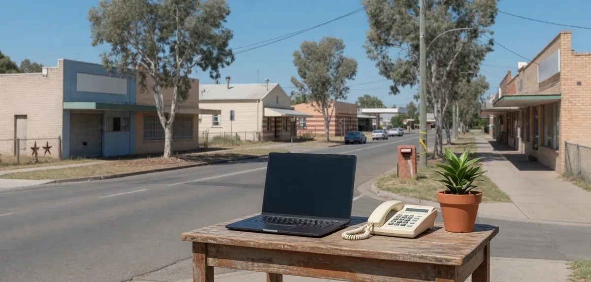A closed laptop and a landline telephone on a small table in a Melbourne shopping street