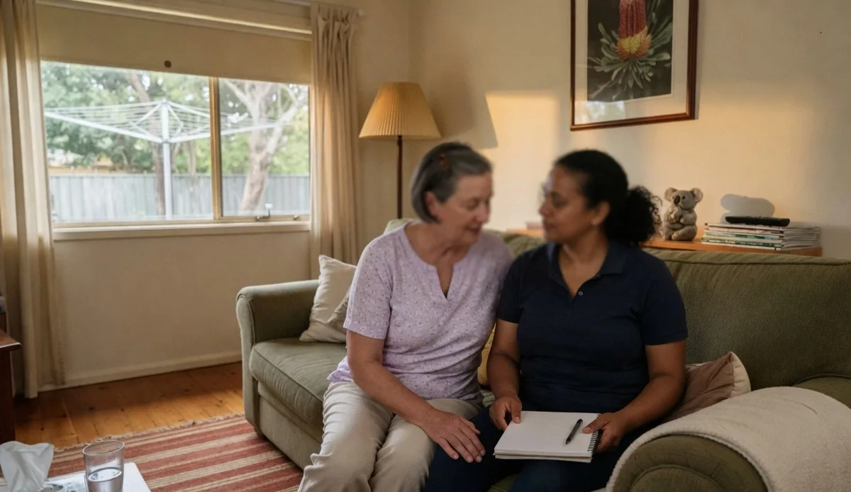 Two adults sitting on a lounge with a blank notebook, in a Melbourne living room