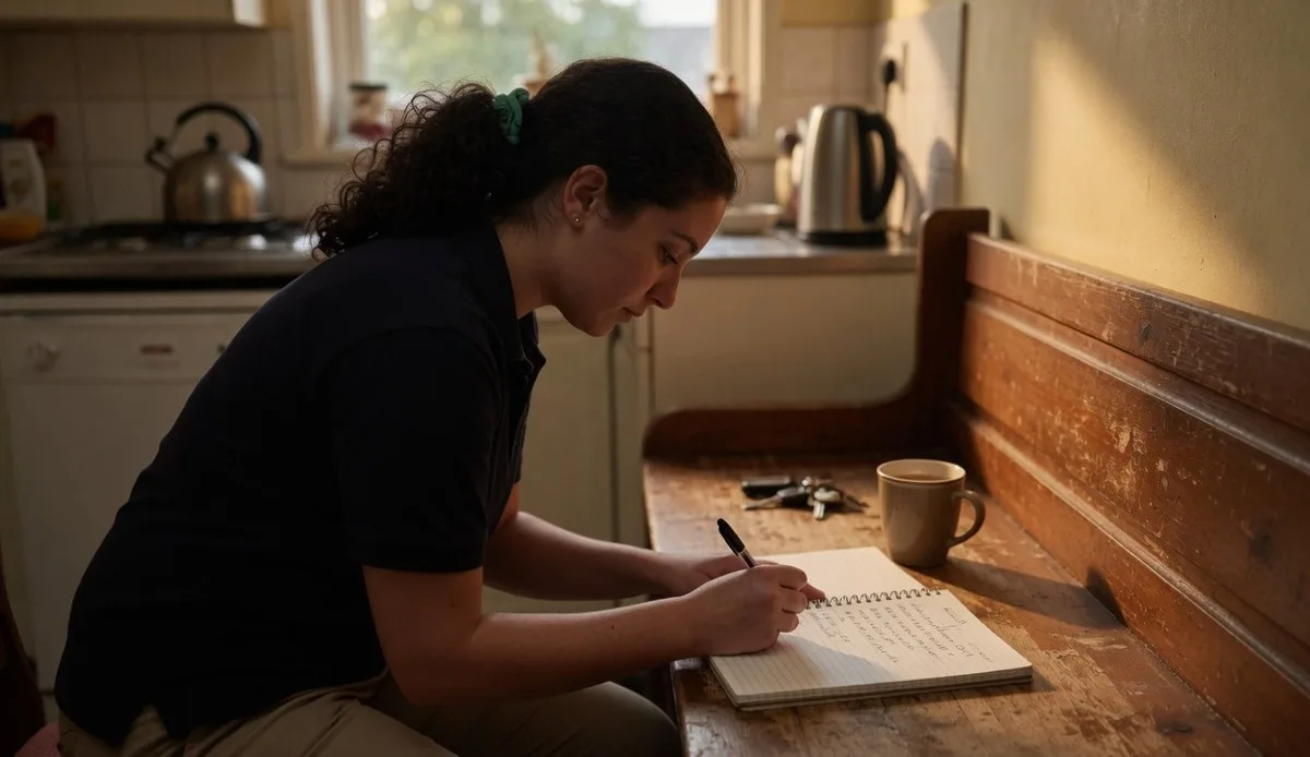 A worker writing in a notebook at a kitchen bench in warm evening light