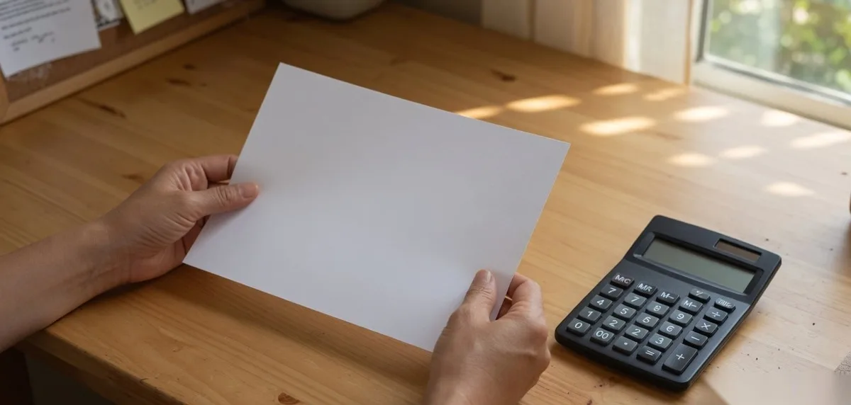 Hands holding a blank sheet of paper beside a calculator on a timber desk
