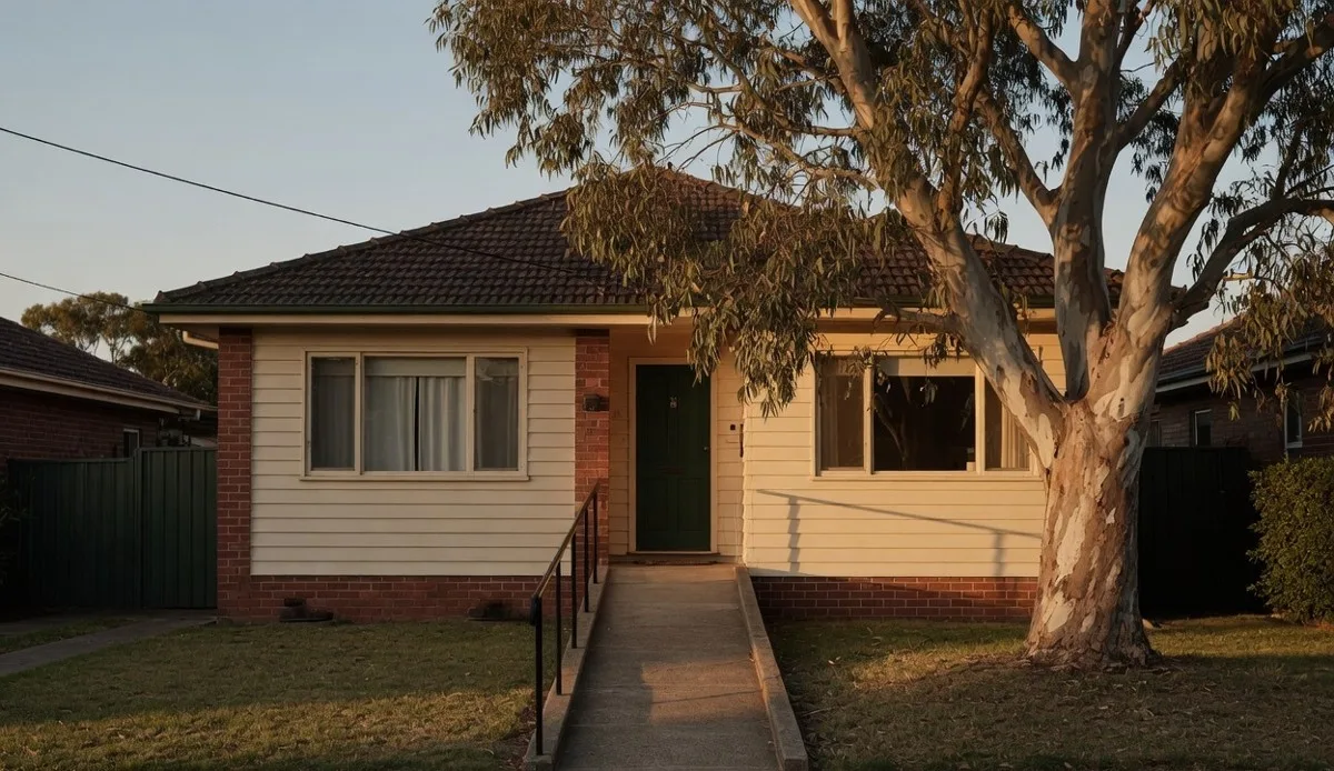 A single-storey Melbourne house with a ramp to the front door and a gum tree