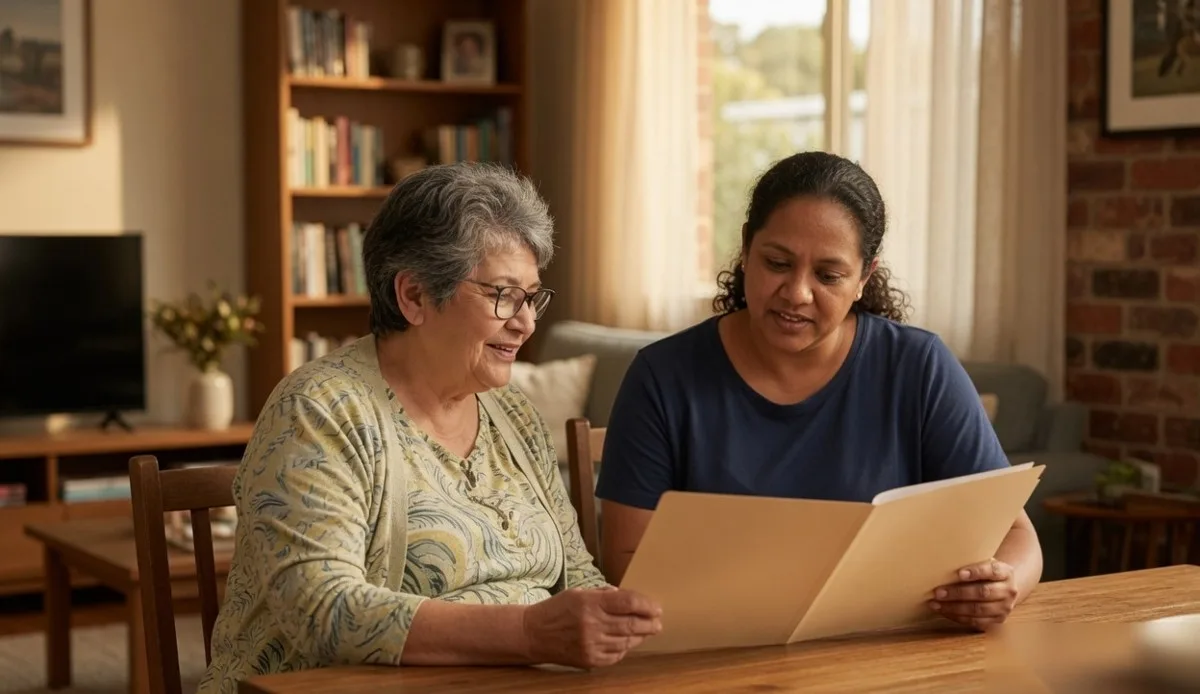 Two adults at a dining table looking through a plain folder together