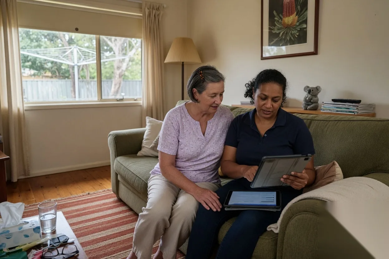 Adult family member and participant looking at a tablet together