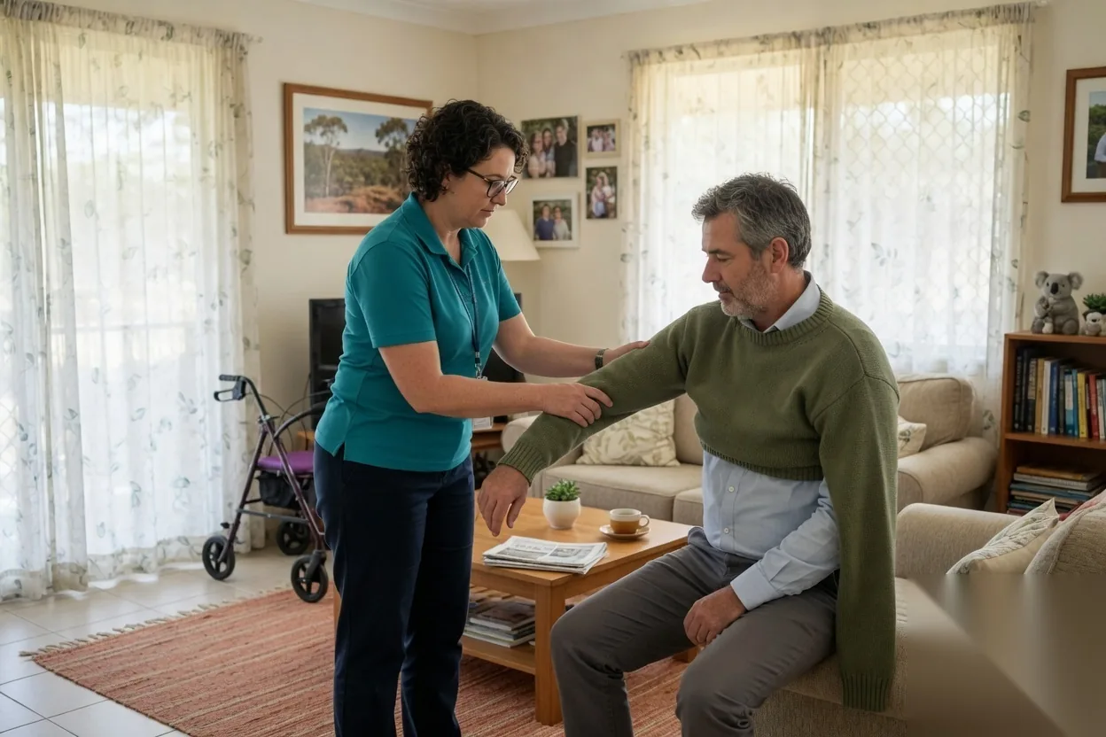 Support worker helping an adult participant with a jumper in a living room