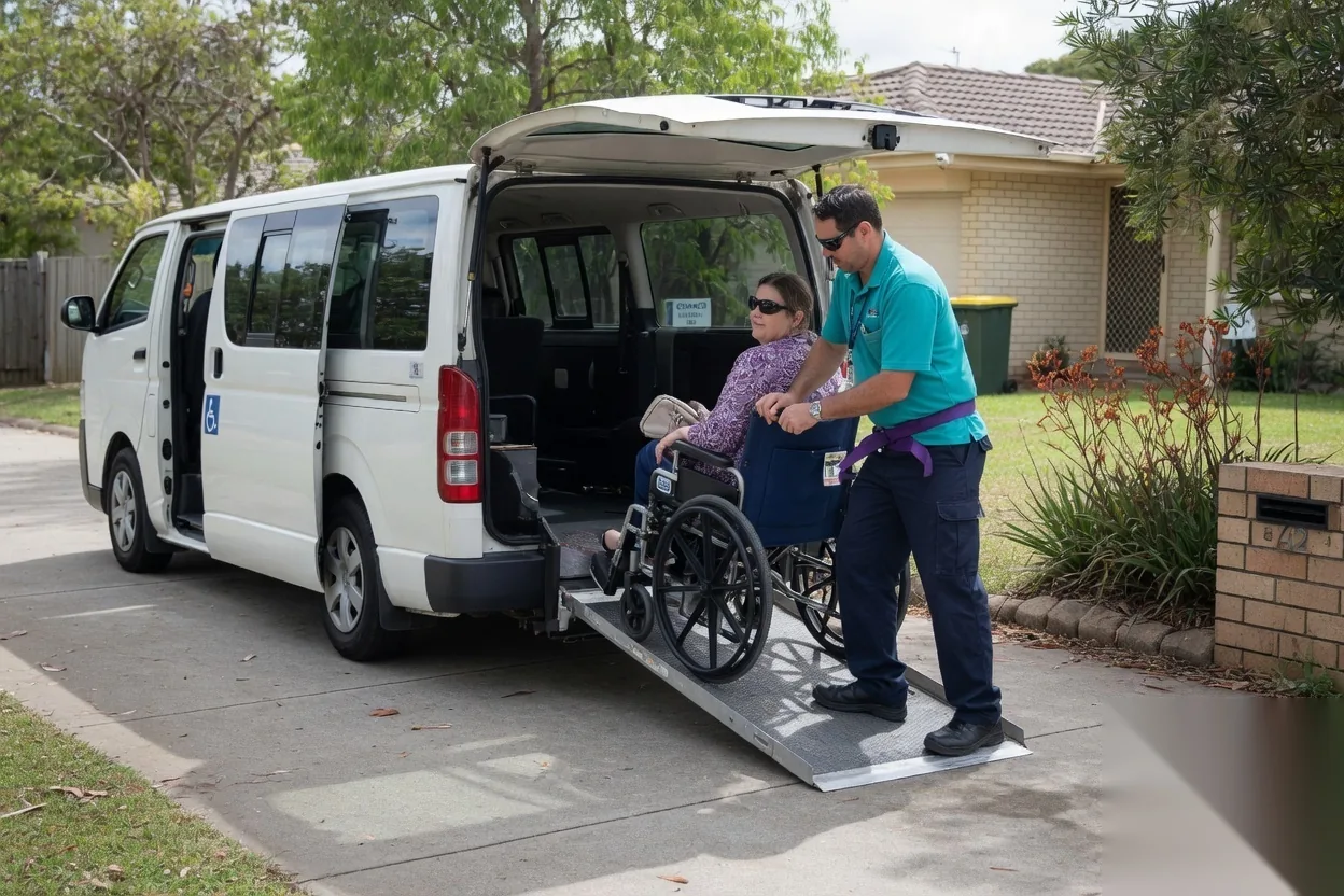 Support worker assisting a wheelchair user into an accessible van