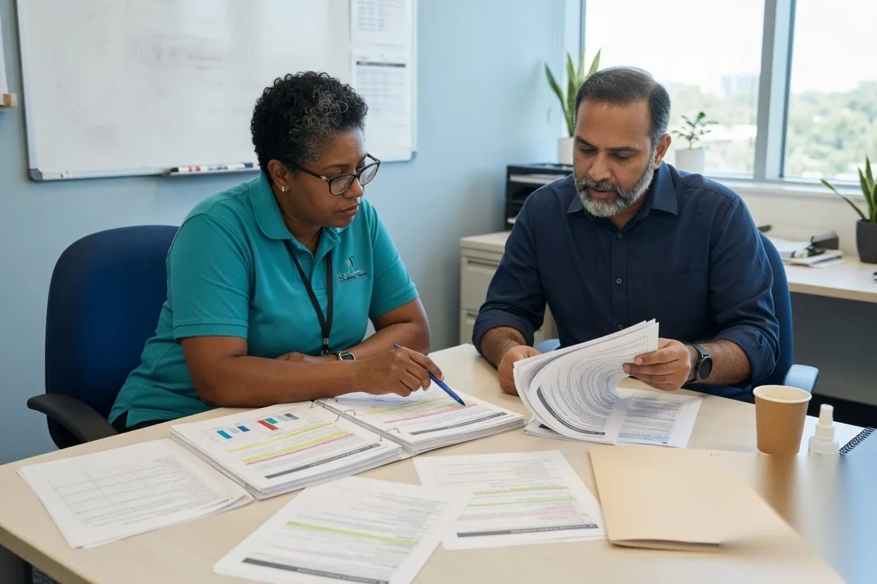 Support professionals reviewing quality documents